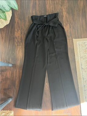 High-Waist Paperbag Wide-Leg Pants with Self-Tie Belt - Black